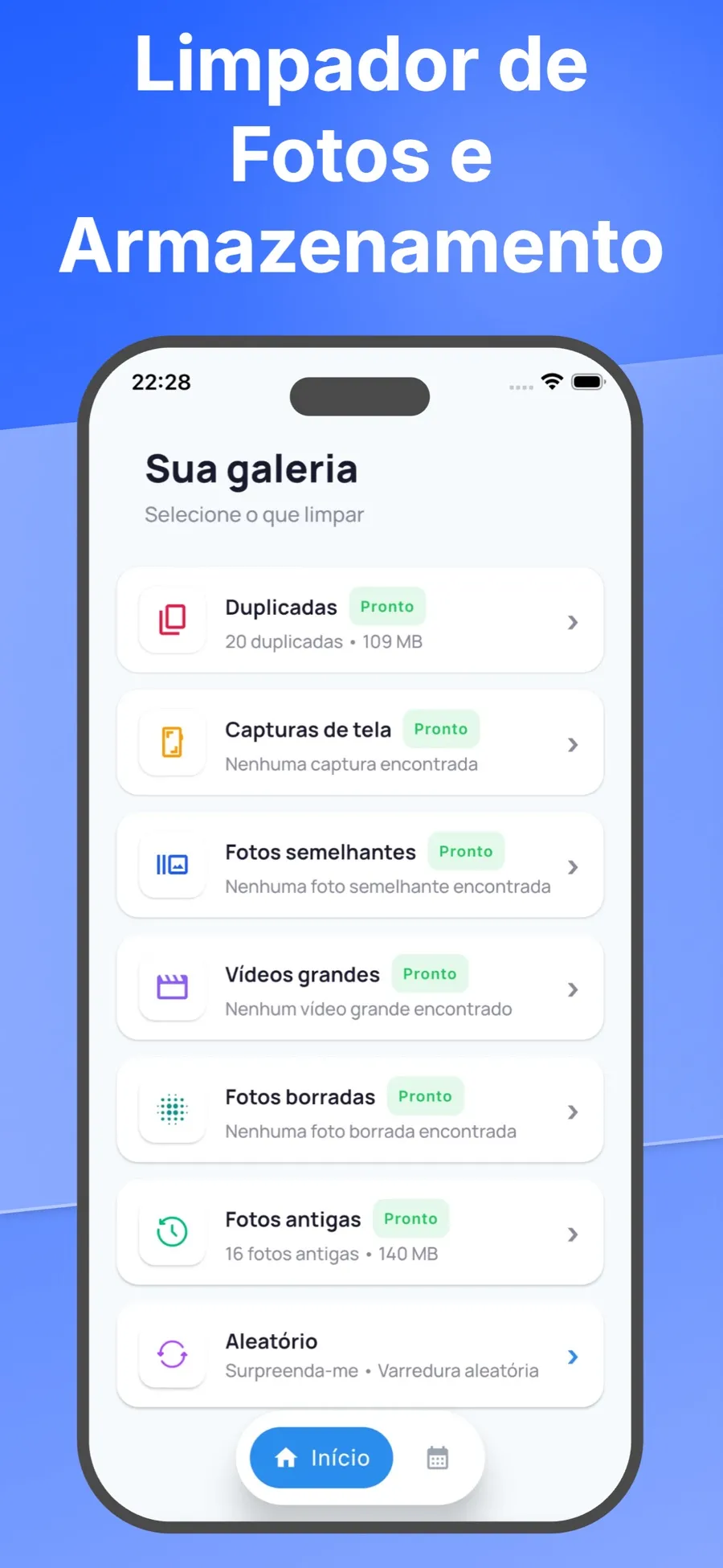 Tela inicial com o que limpar: fotos semelhantes, vídeos grandes, fotos duplicadas, capturas de tela, fotos borradas, fotos antigas e aleatório.