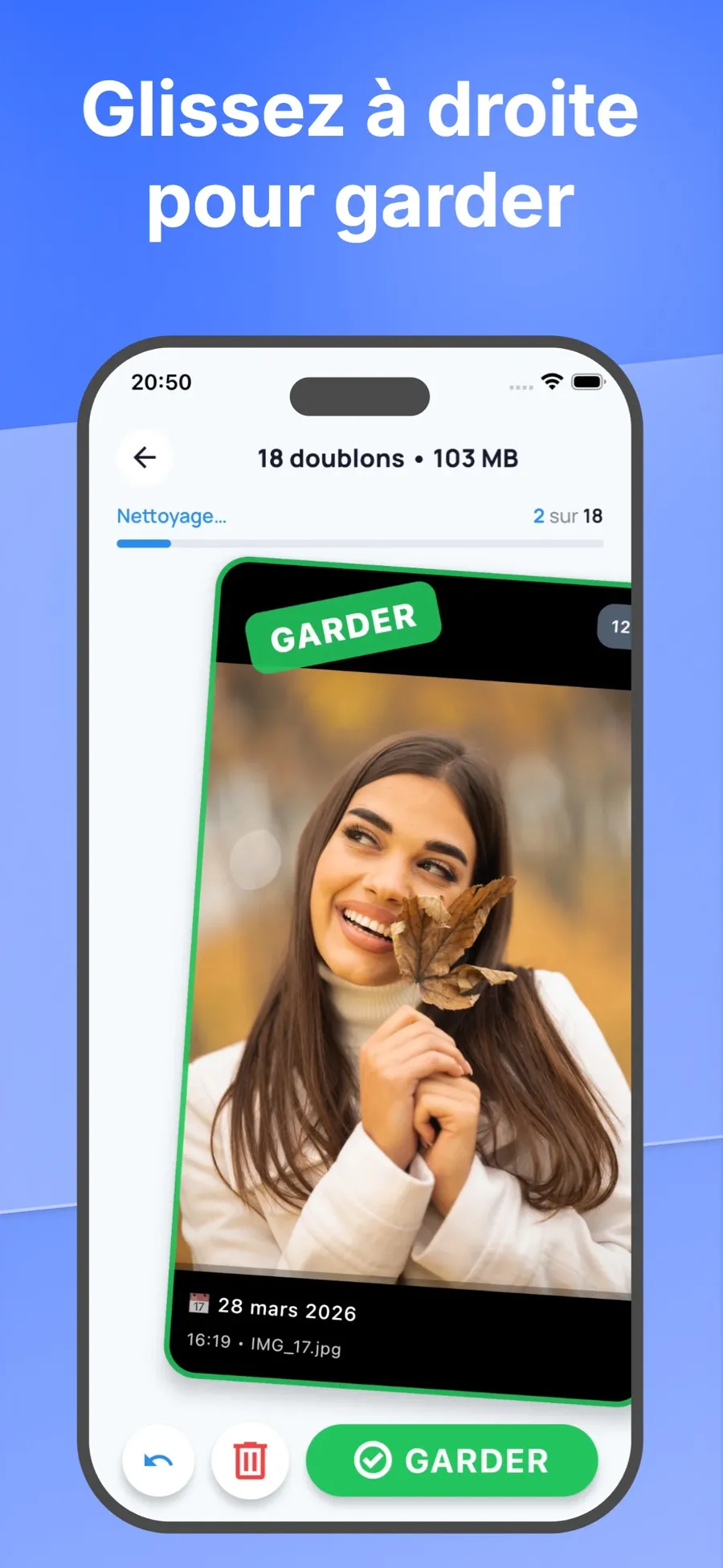Écran de tri avec une photo inclinée vers la droite sous un tampon Garder.