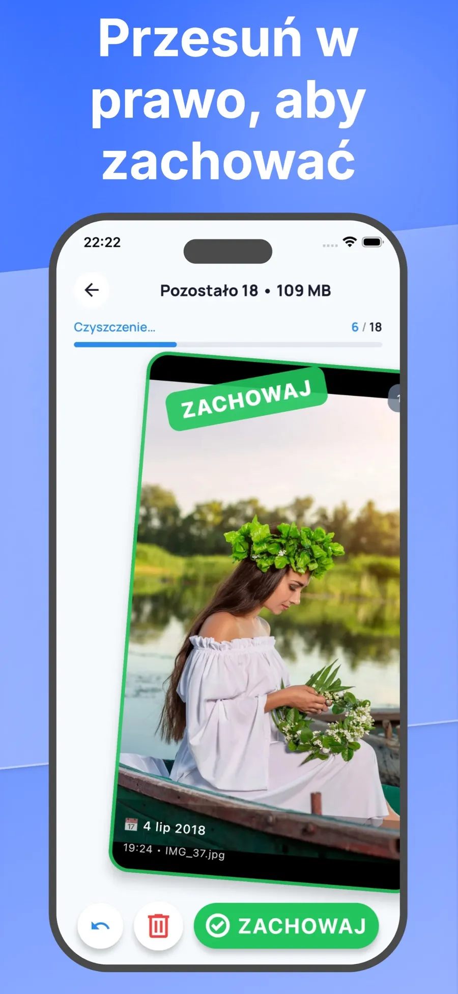 Ekran przesuwania ze zdjęciem przechylonym w prawo i napisem ZACHOWAJ.