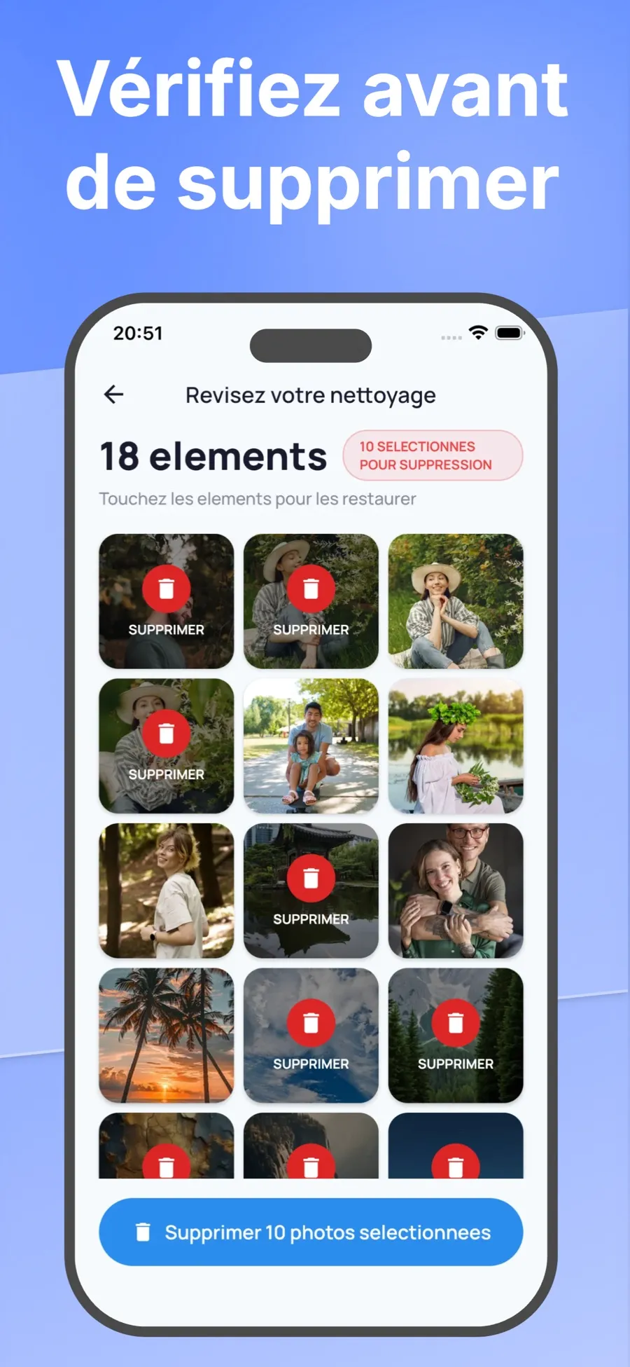 Écran de vérification avec des photos sélectionnées pour suppression et un bouton pour les supprimer.