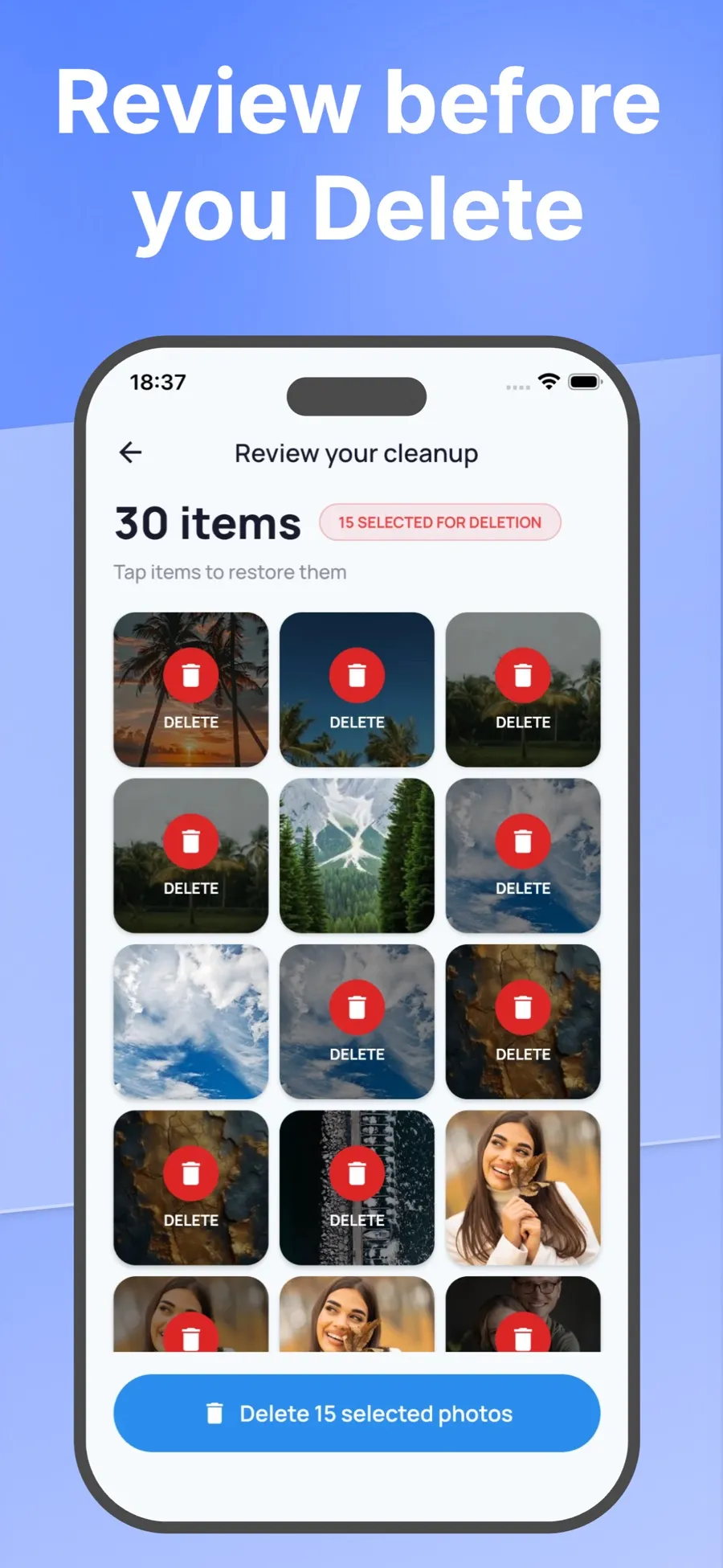 Review screen with photos selected for deletion and a button to delete them.