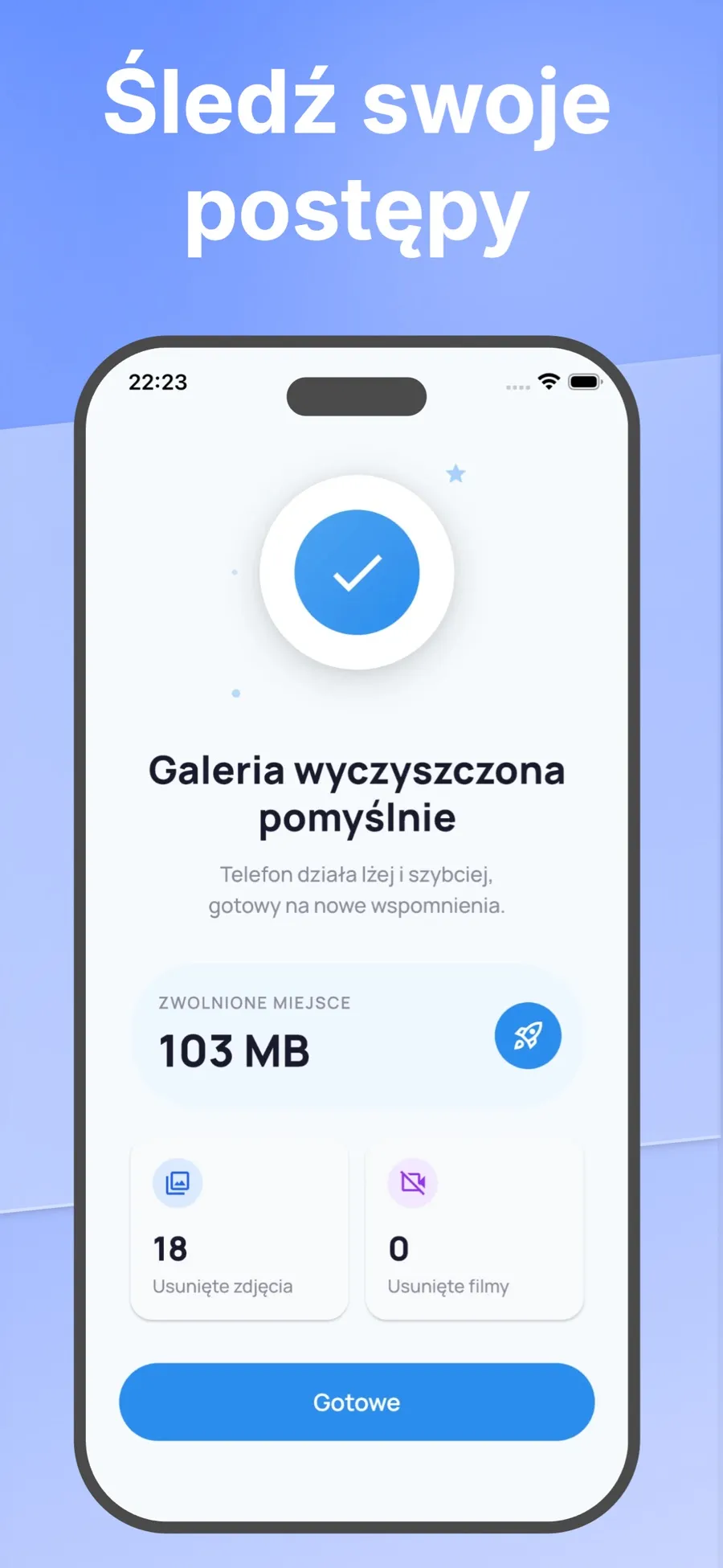 Podsumowanie porządków pokazujące ilość zwolnionego miejsca i liczbę usuniętych zdjęć.