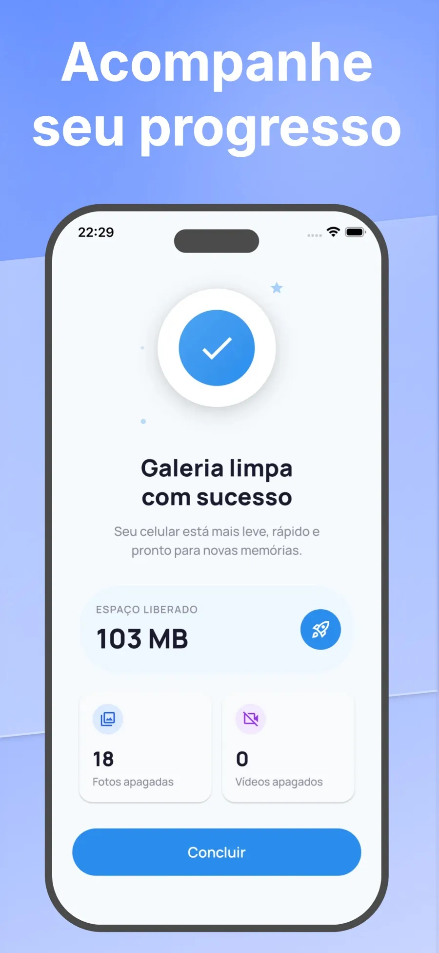Resumo depois de uma limpeza, com o espaço liberado e o número de fotos apagadas.