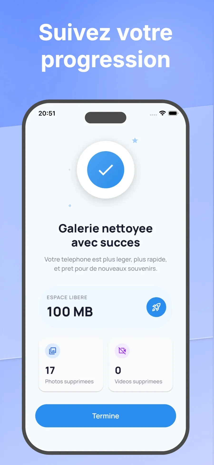 Résumé après un tri, avec l’espace libéré et le nombre de photos supprimées.